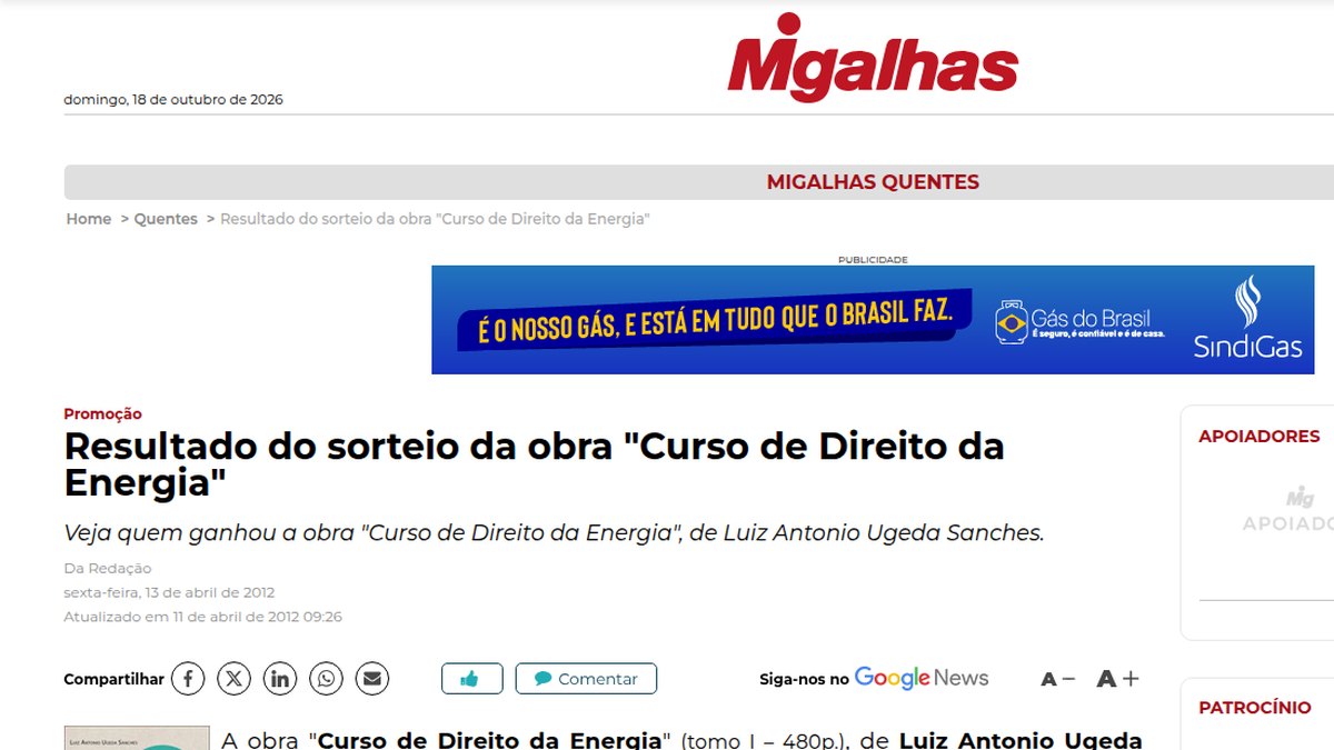 Resultado do sorteio da obra "Curso de Direito da Energia"