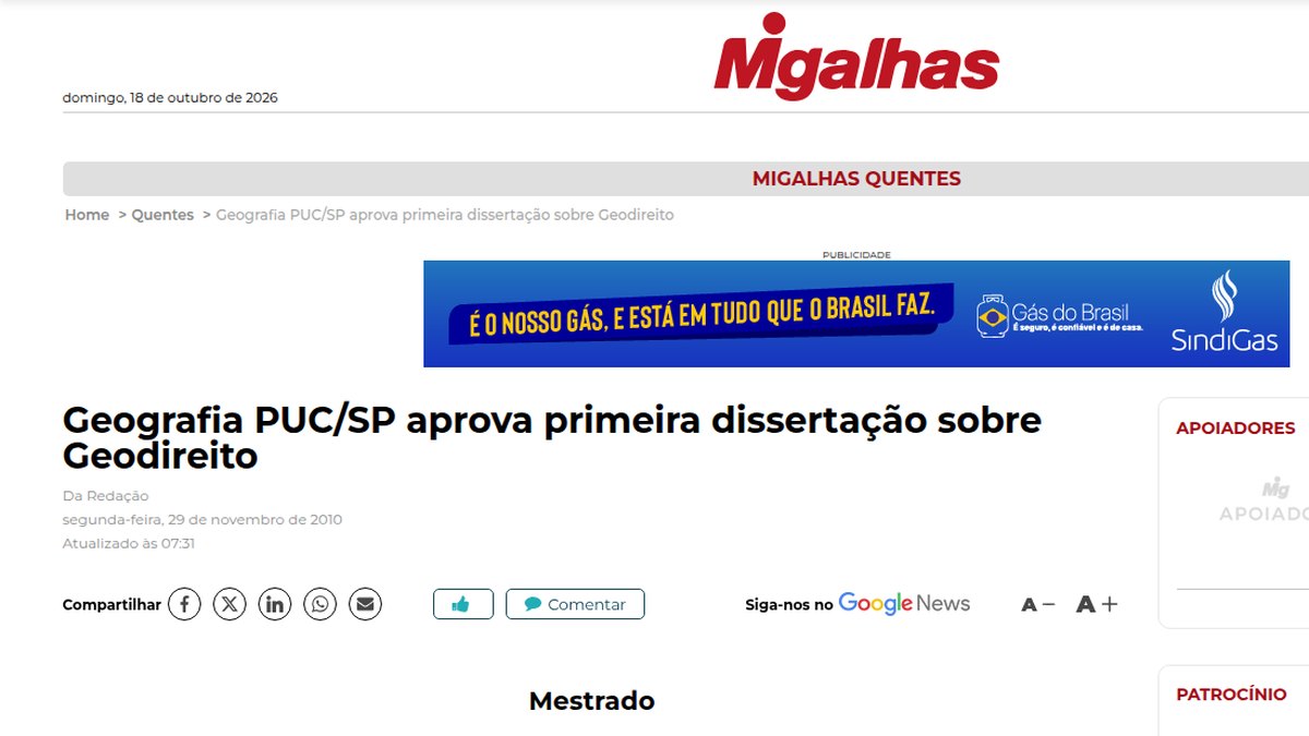 Geografia PUC/SP aprova primeira dissertação sobre Geodireito