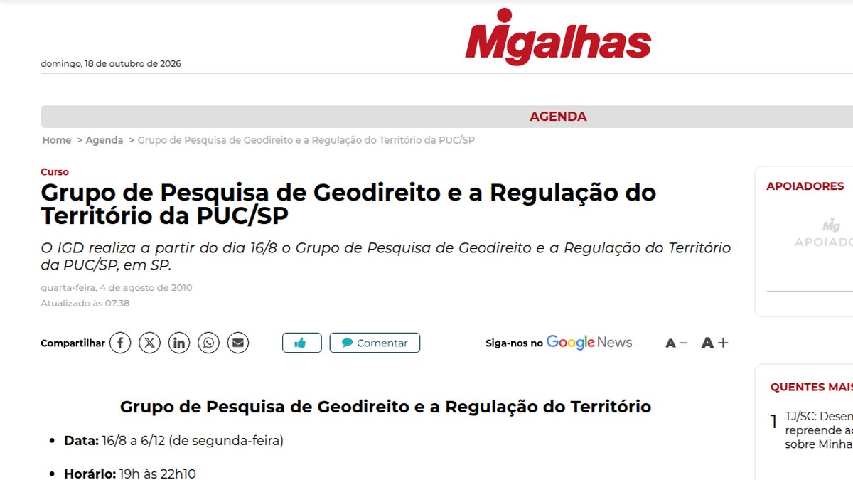 Abertas as inscrições para o Grupo de Pesquisa de Geodireito e a Regulação do Território da PUC/SP