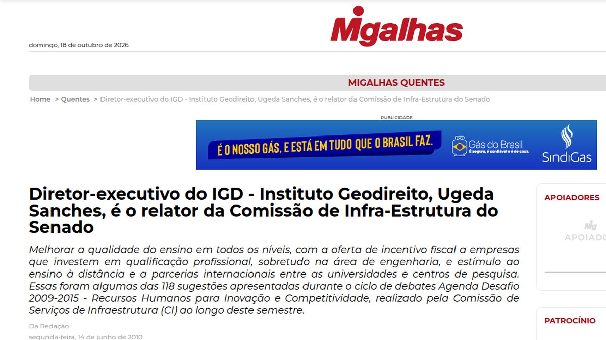 Ugeda Sanches, é o relator da Comissão de Infra-Estrutura do Senado