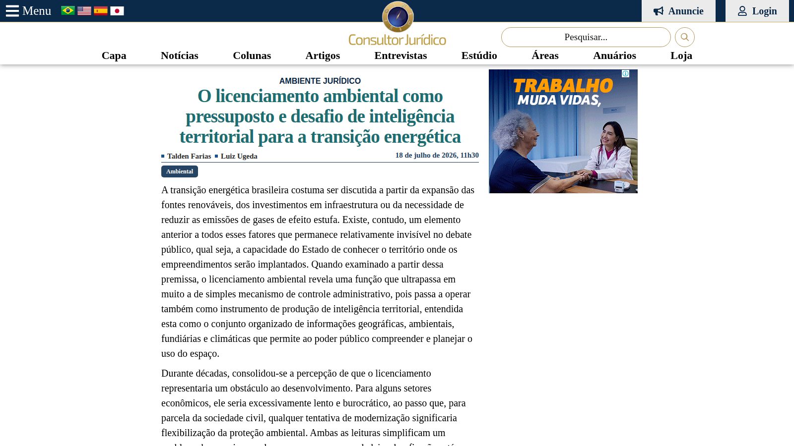 O licenciamento ambiental como pressuposto e desafio de inteligência territorial para a transição energética