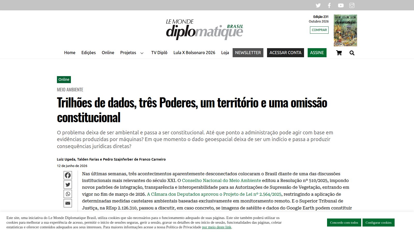 Trilhões de dados, três Poderes, um território e uma omissão constitucional