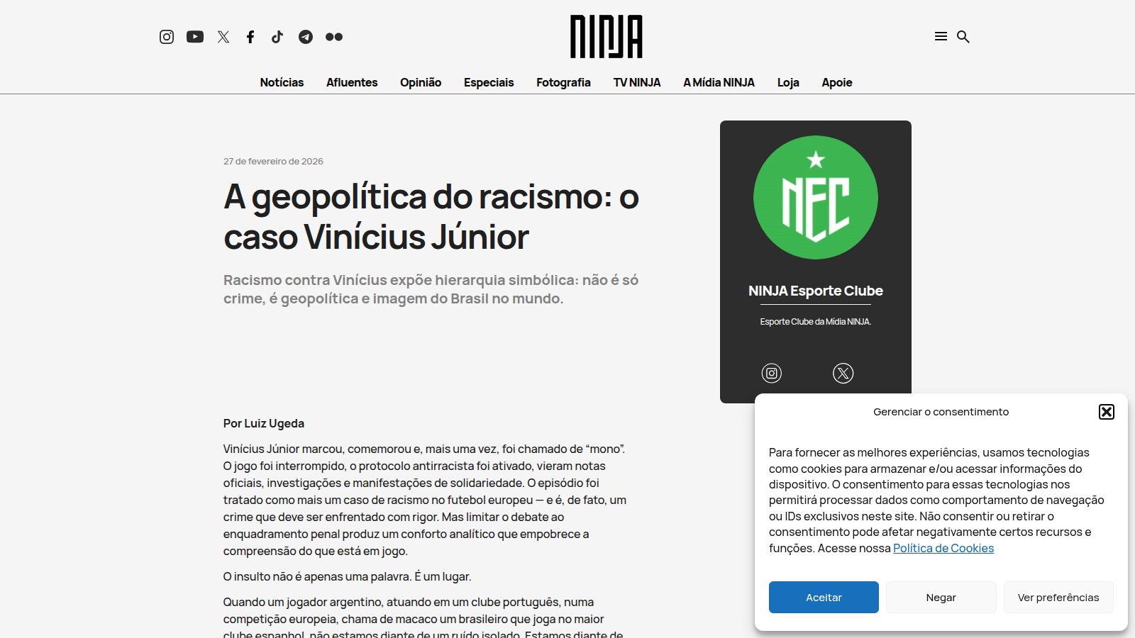 A geopolítica do racismo: o caso Vinícius Júnior