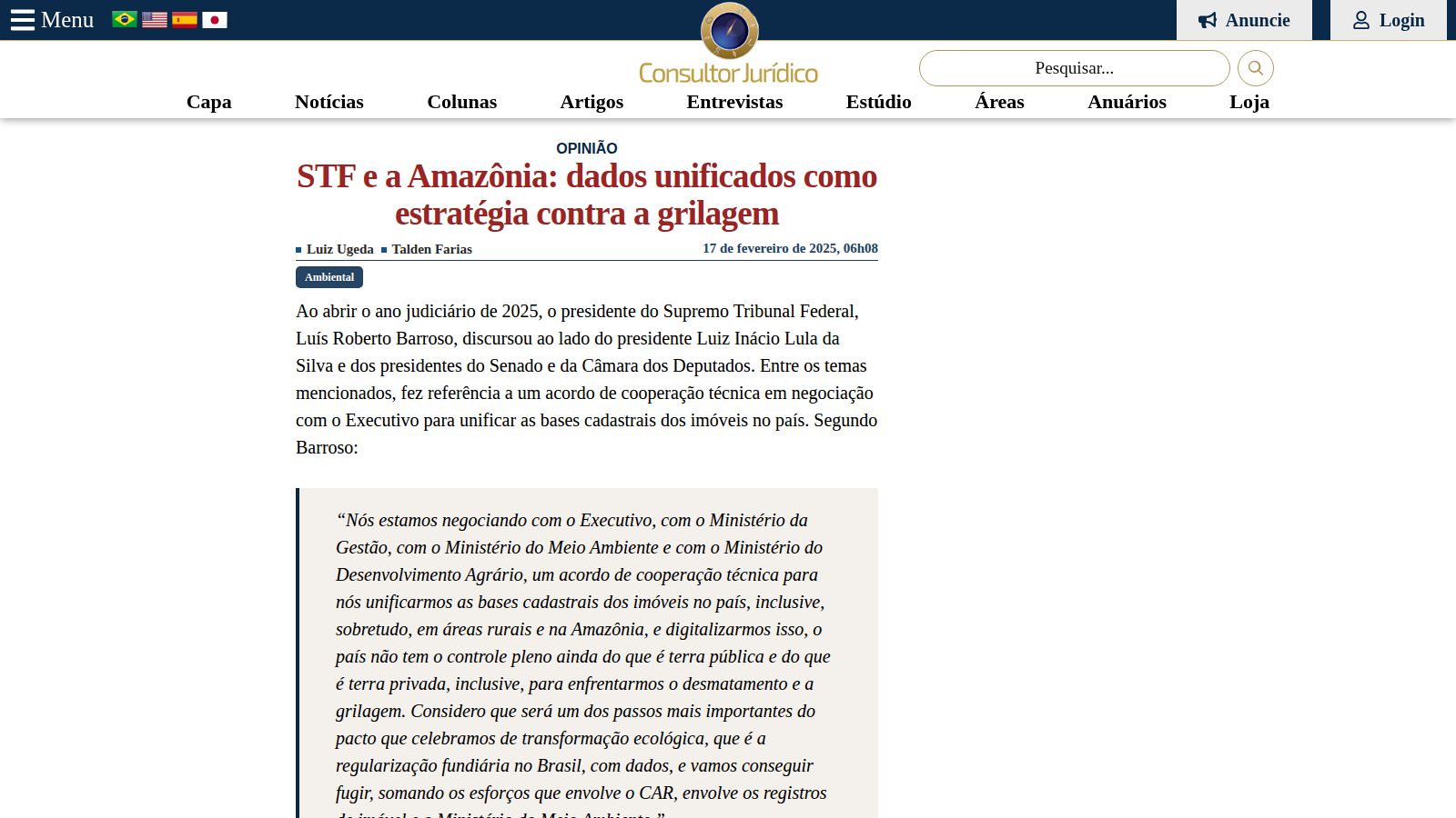 STF e a Amazônia: dados unificados como estratégia contra a grilagem
